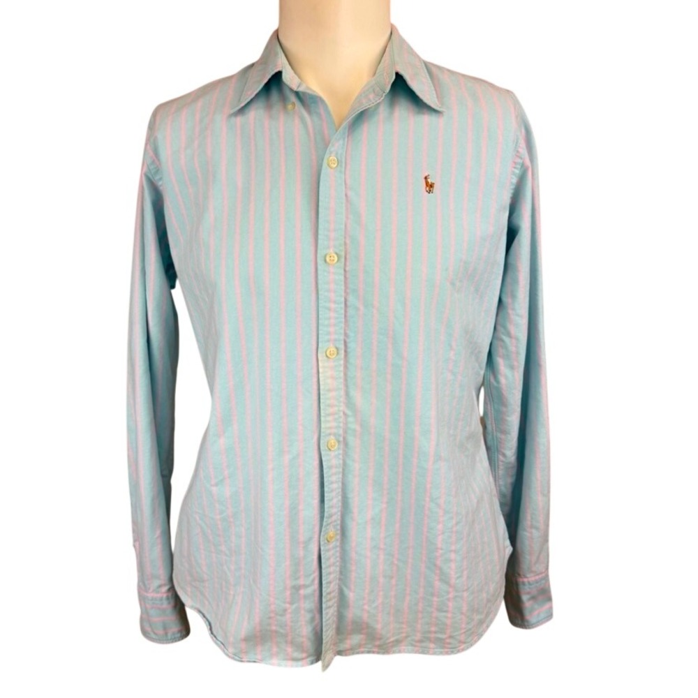 RALPH LAUREN Slim Fit Oxford Shirt|M/L|Aqua Pink Stripe Flesh Pony Unisex